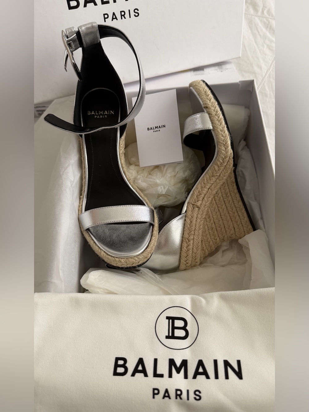 Balmain Anthem Leather Espadrille Wedge Sandals SIZE 7 NIB